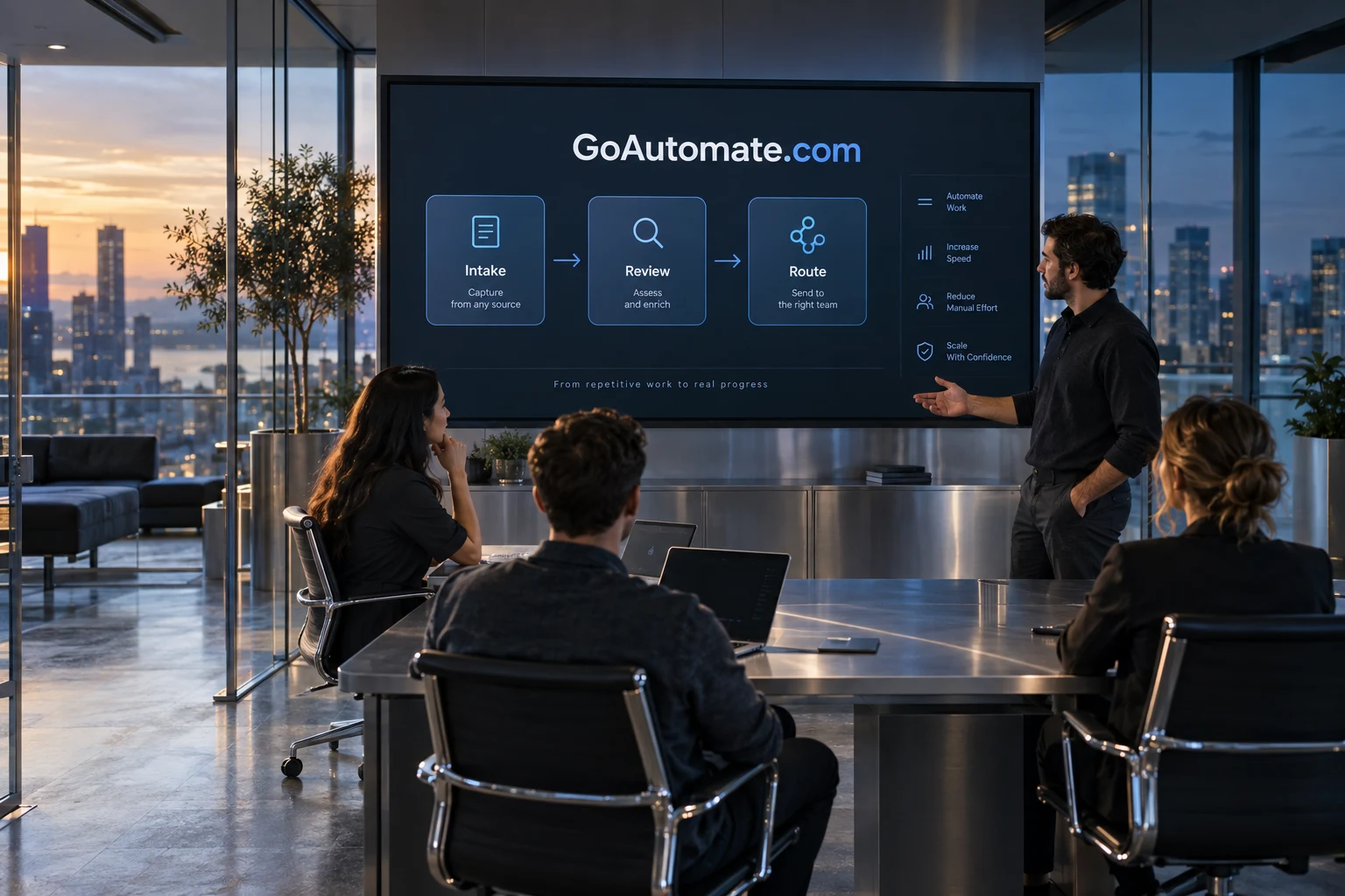 A team reviewing a GoAutomate.com workflow presentation